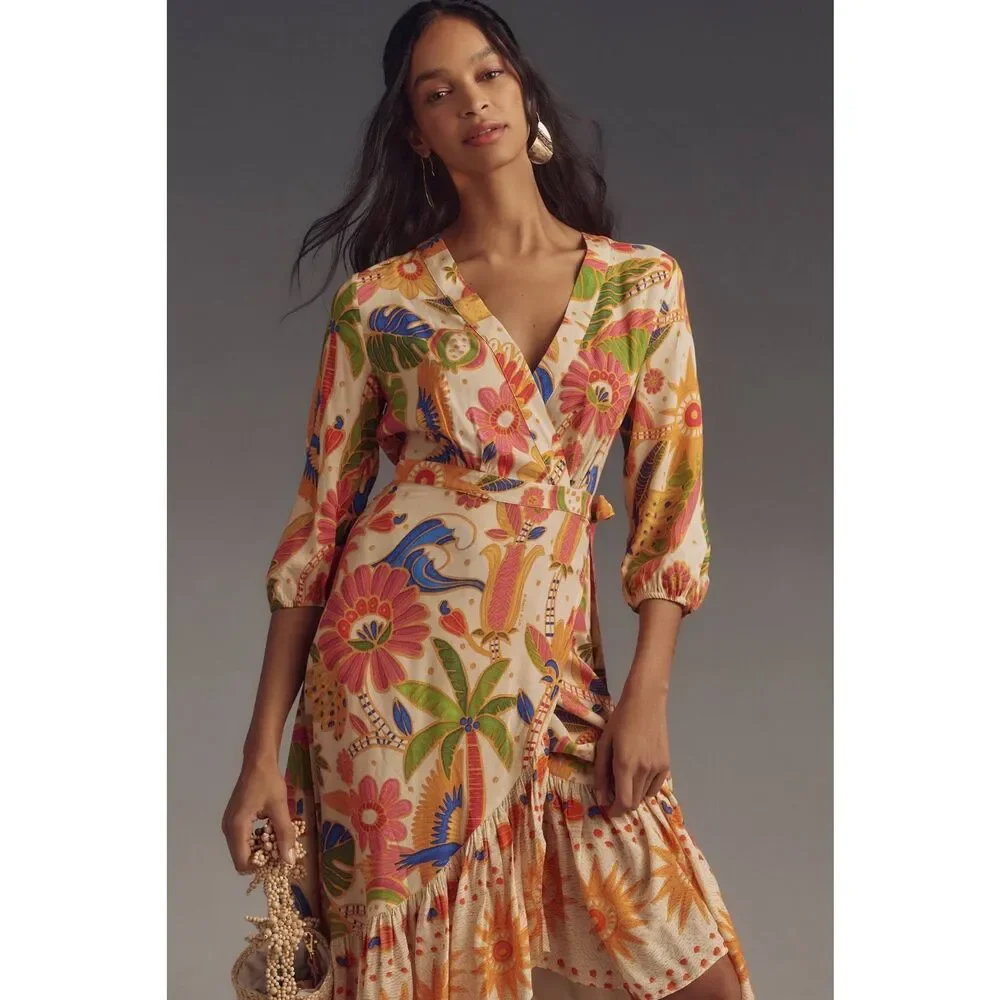 Anthropologie Farm Rio Long-Sleeve V-Neck Wrap Midi Dress - Picture 2 of 8